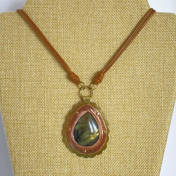 Labradorite Brutalist Handmade Cold Connections Copper and Brass Pendant Necklac - Picture 2 of 9